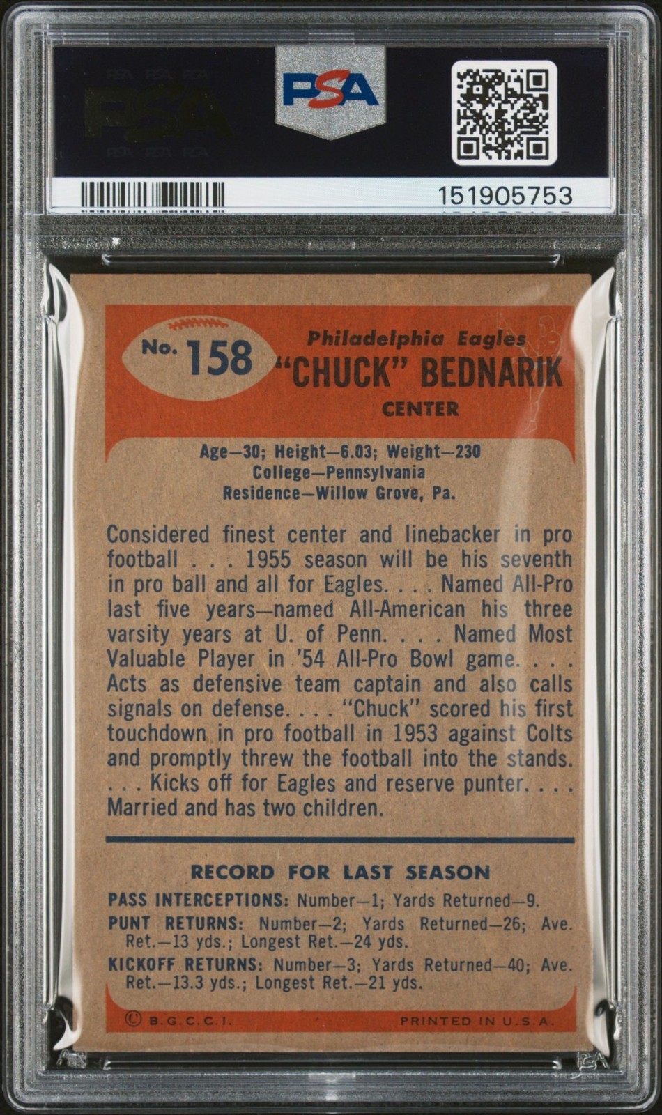 1955 Bowman – #158 – Chuck Bednarik – Eagles – PSA 4 – 5753
