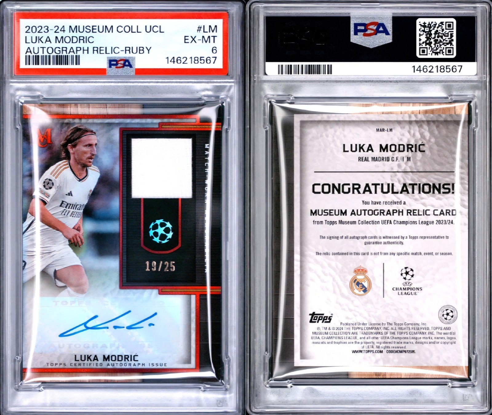 23-24 Topps Museum Luka Modric Match-Worn Memorabilia Ruby Red /25 PSA 6