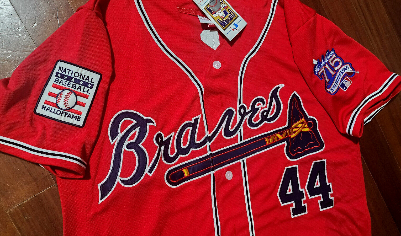 Brand New! Atlanta Braves #44 Hank Aaron Cooperstown 2patch sewn Jersey Red Mens