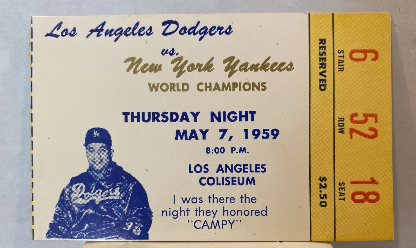LA Dodgers vs NY Yankees Ticket Stub May 7, 1959 Roy Campanella Night Ex Cond