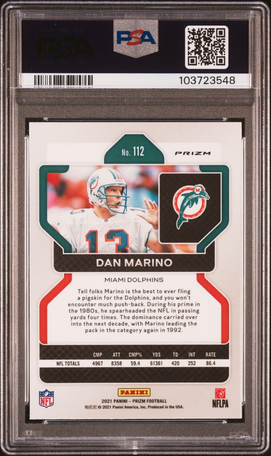 2021 Panini Prizm 112 Dan Marino Neon Green Pulsar PSA 9 Mint Color Match