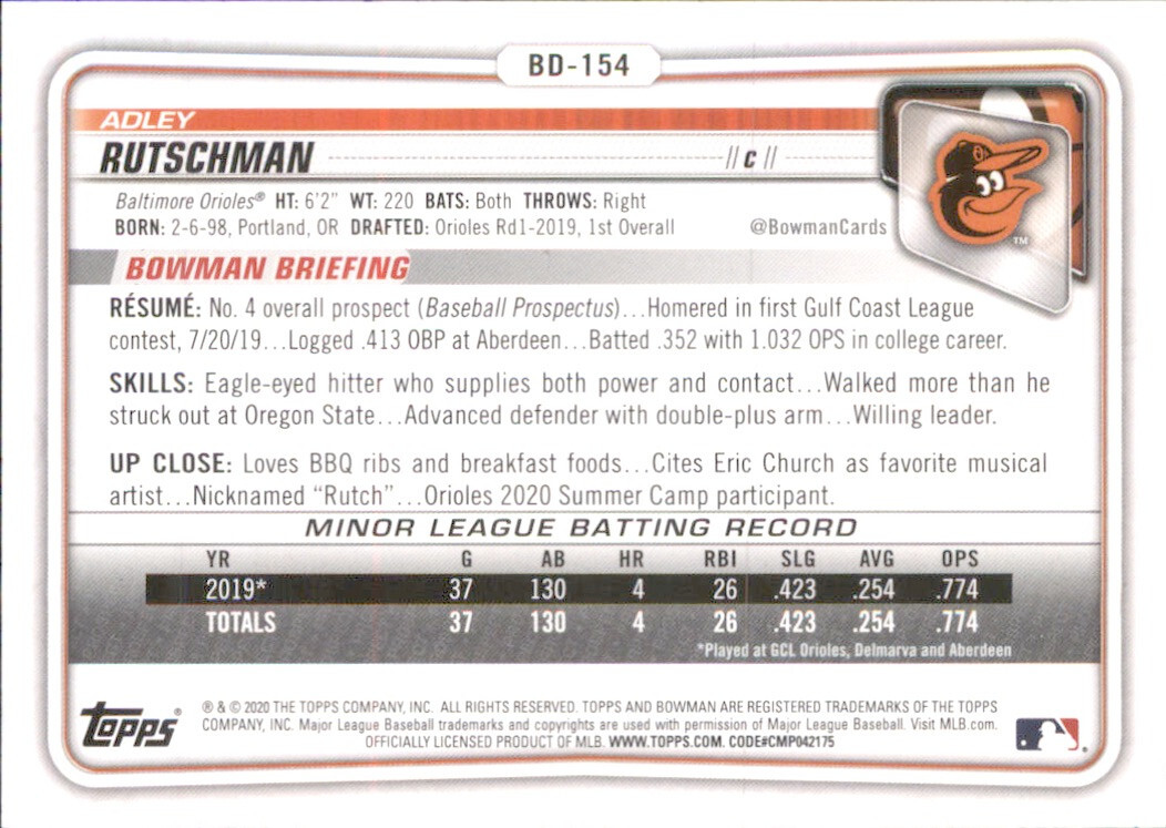 2020 BOWMAN DRAFT BALTIMORE ORIOLES – ADLEY RUTSCHMAN #BD-154
