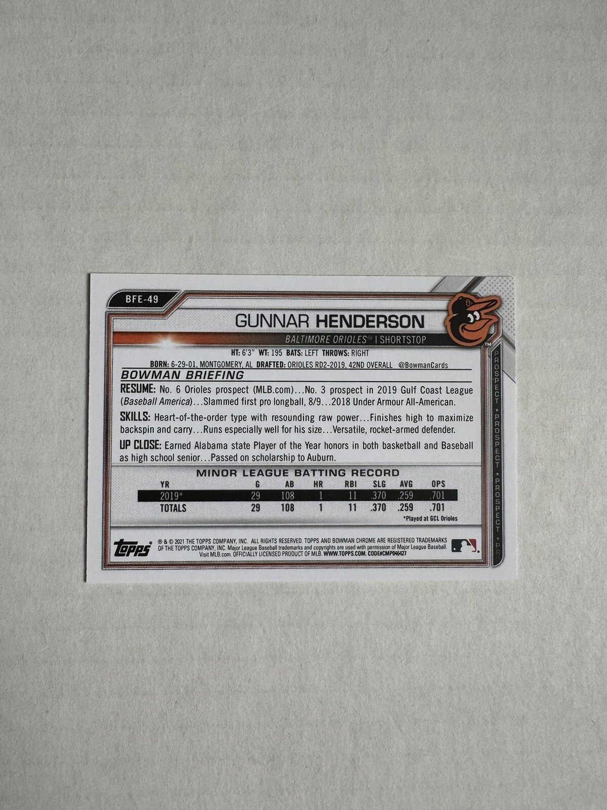 2021 Bowman 1st Edition Gunnar Henderson BFE-49 Orioles