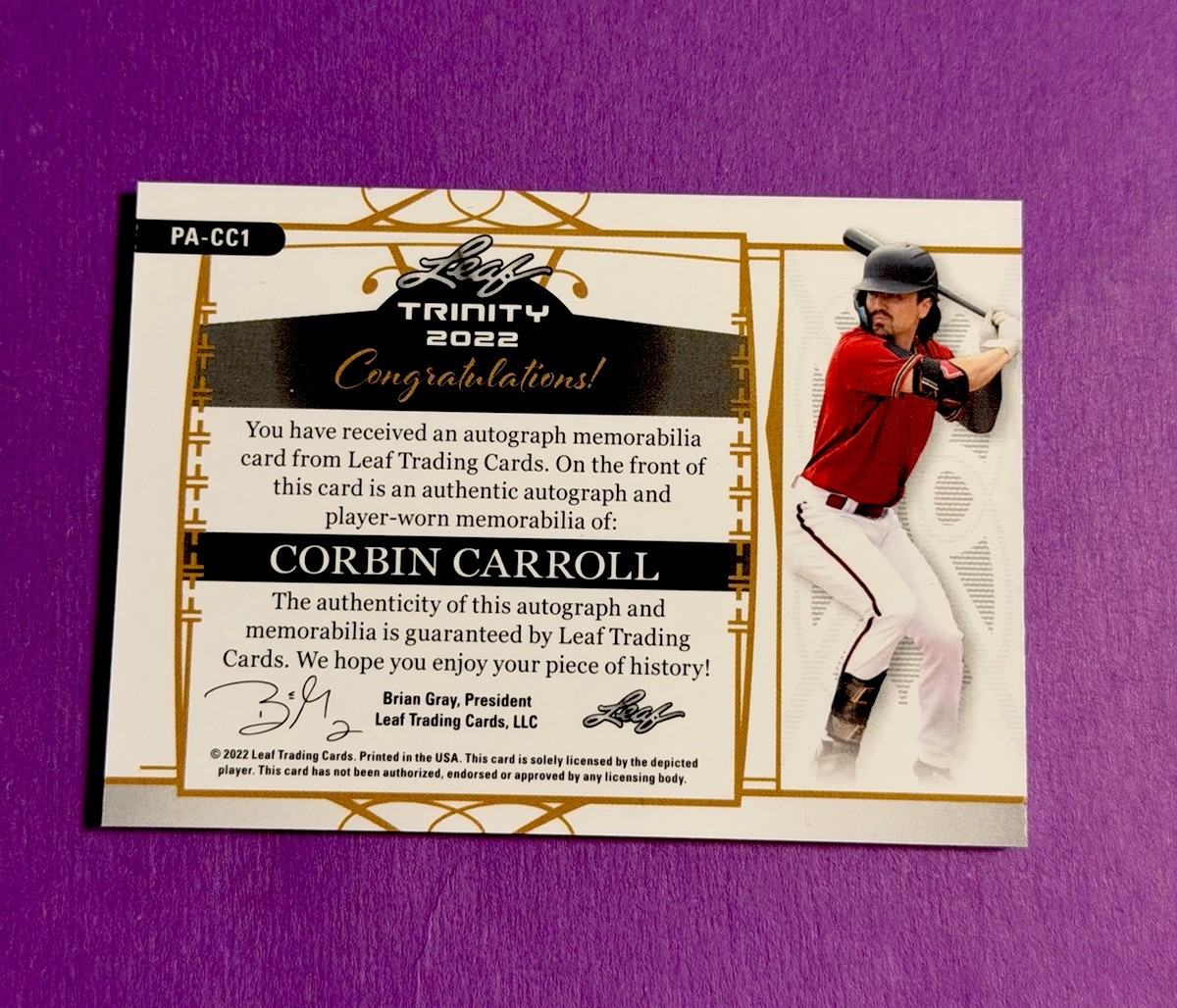 2022 Leaf Trinity Patch/AUTO Corbin Carroll Rc #PA-CC1 – #/99 – D-BACKS STAR —