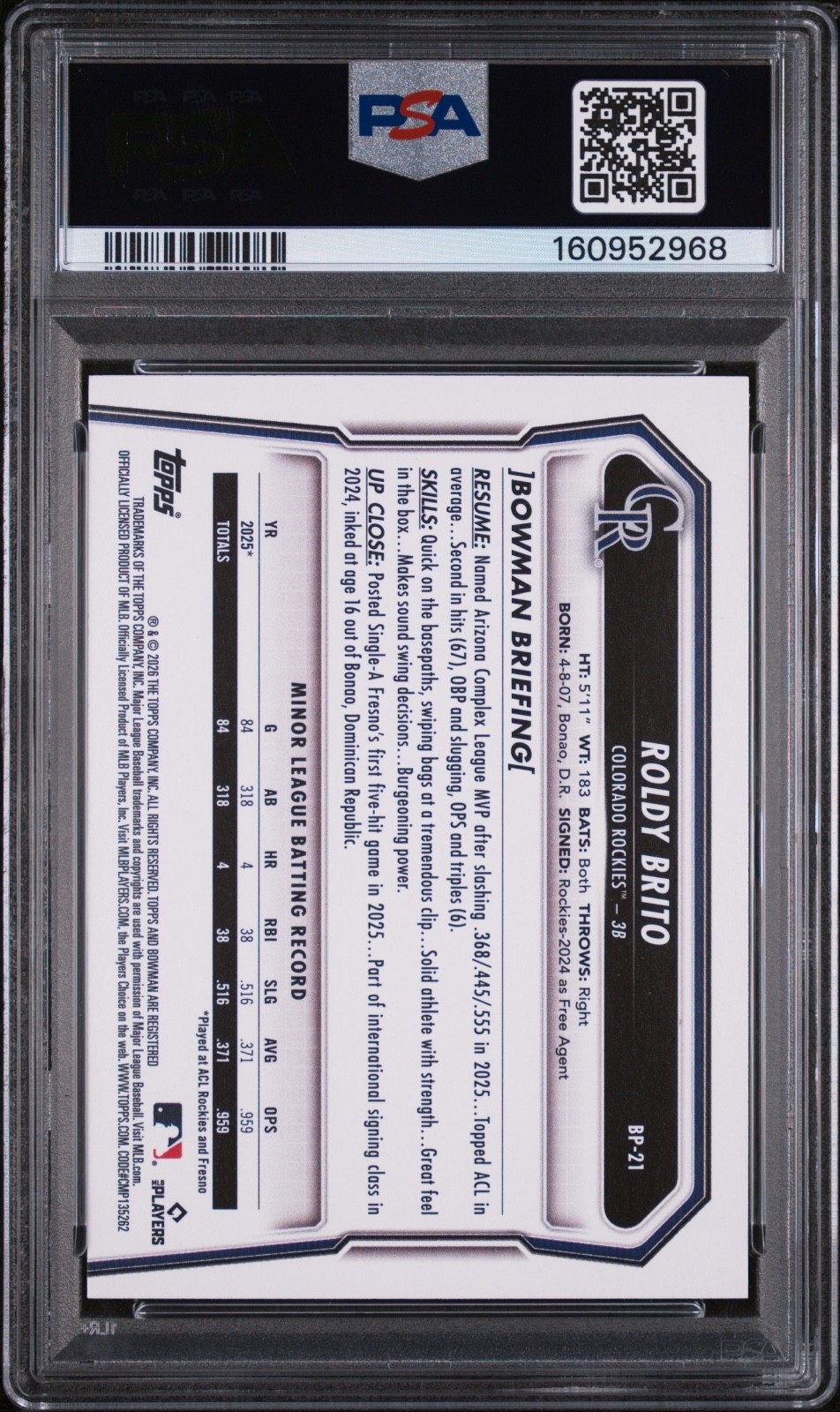2026 Bowman 1st Paper Prospect Roldy Brito Bowman Logo Pattern PSA 9 Rockies