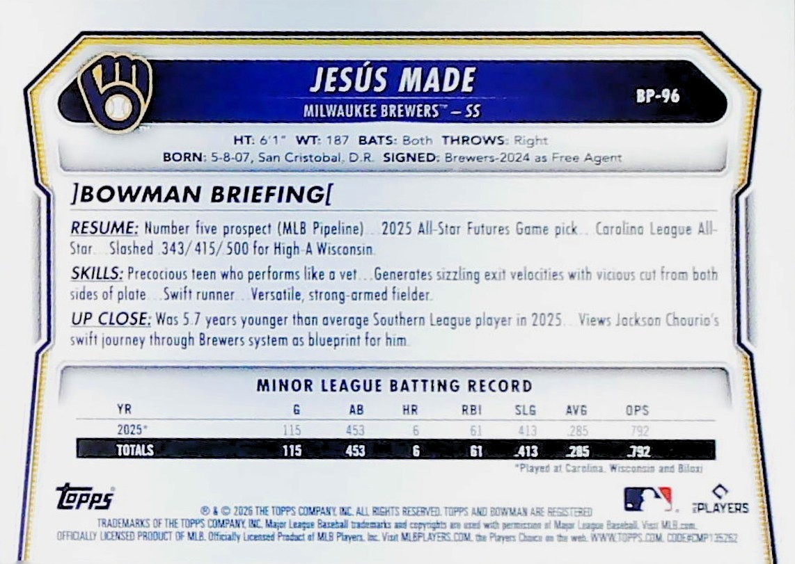 2026 BOWMAN BP-96 JESUS MADE MILWAUKEE BREWERS