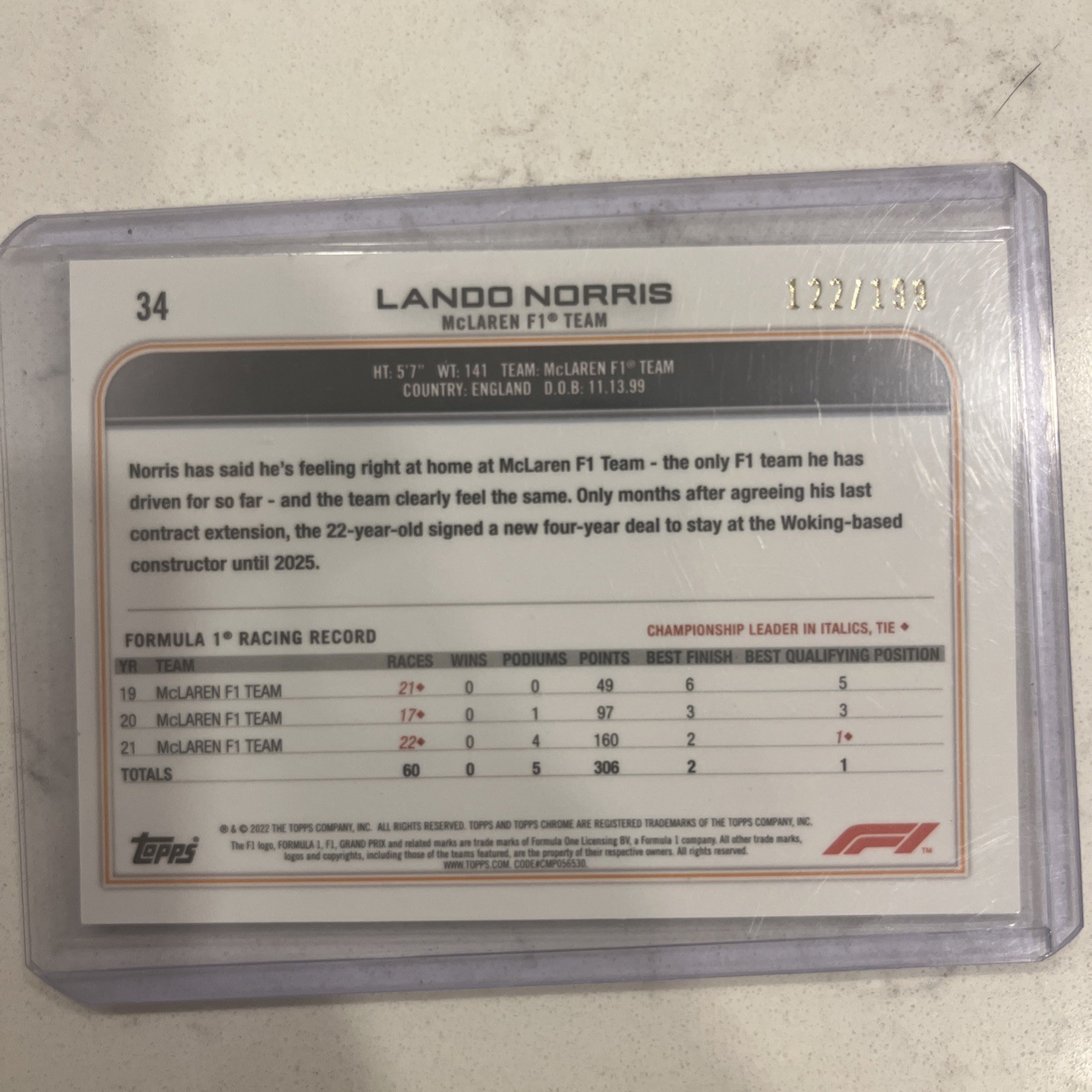 2022 Topps Chrome Sapphire Formula 1 F1 Lando Norris Chartreuse/199 #34