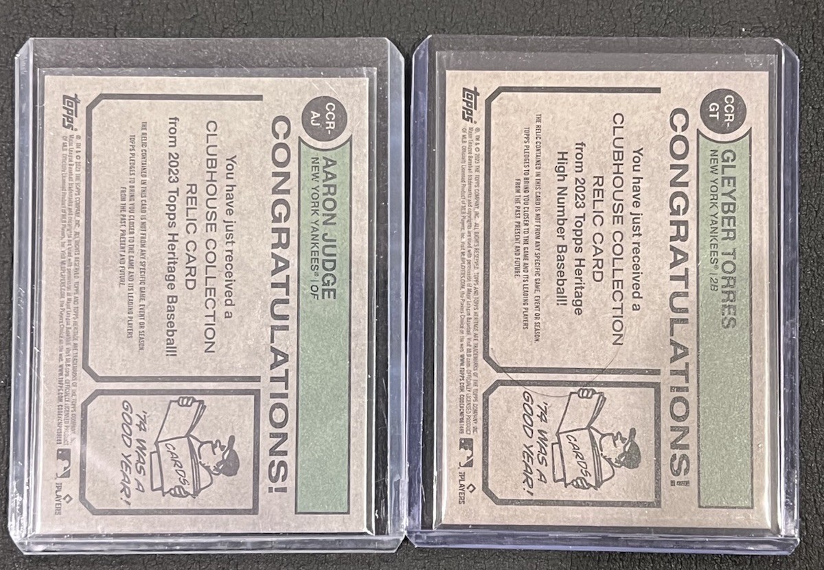 2023 Topps Heritage Aaron Judge +Gleyber Torres Clubhouse Col. Yankees GAME USED