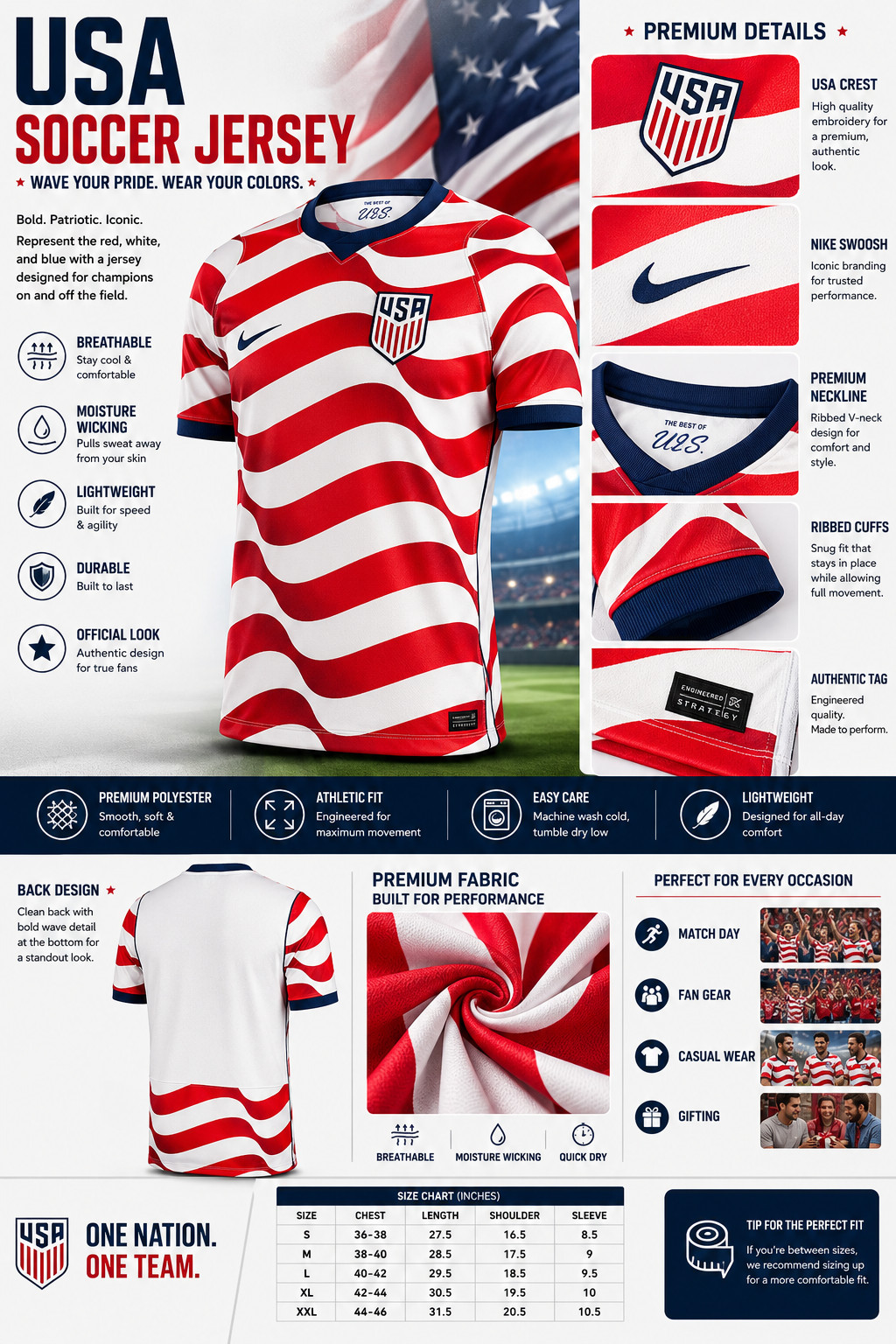 USA Soccer Jersey Red White Patriotic Wave Pattern Football Fan Shirt Moisture