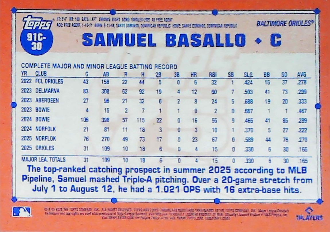 2026 TOPPS SERIES 1 SILVER PACK 1991 CHROME MOJO 91C-30 SAMUEL BASALLO ORIOLES
