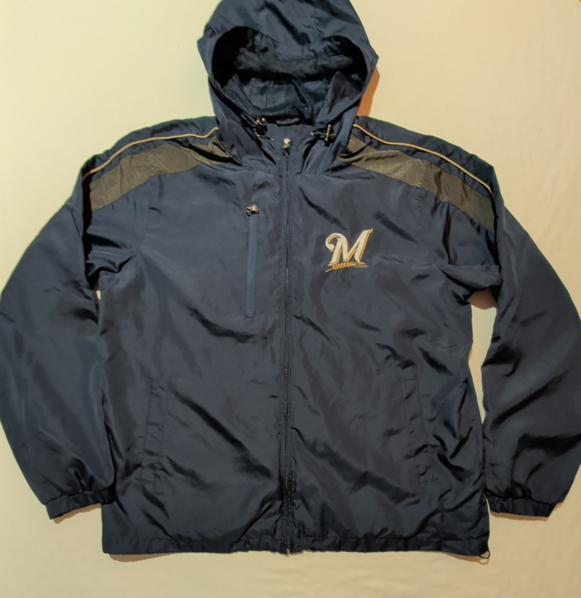 G-III Milwaukee Brewers Jacket Mens Large Full Zip Hooded Light Windbreaker MLB