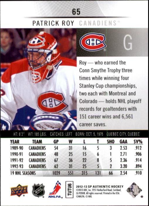 2012-13 SP Authentic #65 Patrick Roy – HKY