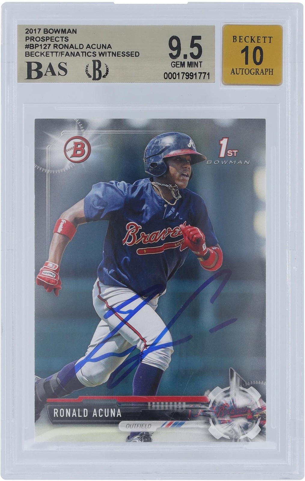 Ronald Acuna Jr. Braves Signed 2017 Bowman Prospects #BP127 Beckett 9.5/10 Card