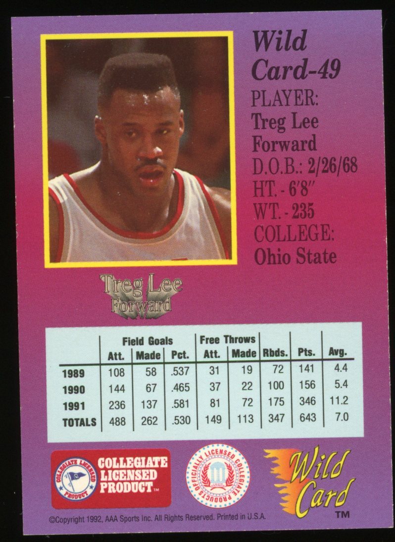 1992 Wild Card Collegiate Treg Lee Card #49
