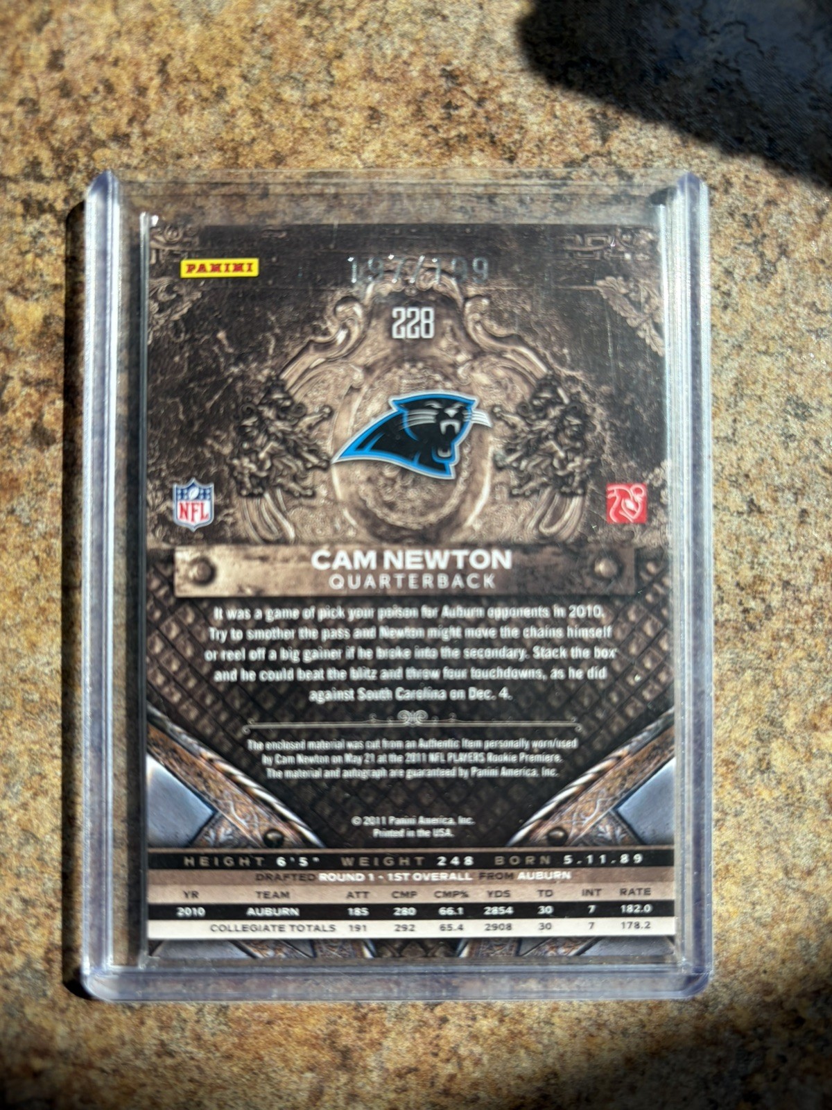 CAM NEWTON 2011 PANINI CROWN ROYALE #228 AUTO ROOKIE CARD /199 THREE COLOR PATCH