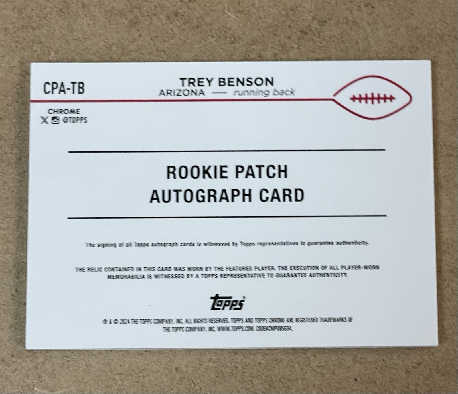 2024 TOPPS CHROME RPA PATCH AUTOGRAPH TREY BENSON AUTO GOLD REFRACTOR 8/50