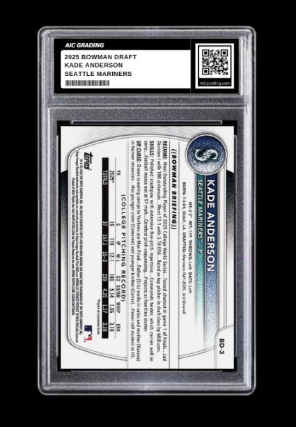 2025 Kade Anderson 1st Bowman Draft Rookie Card #BD-3 Seattle Mariners Graded 10