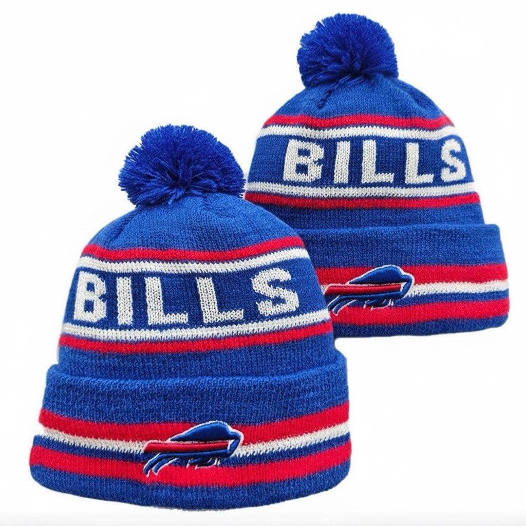 Buffalo Bills Pom Knit Winter Hat – Blue Red White Stripe Beanie Thermal Fleece