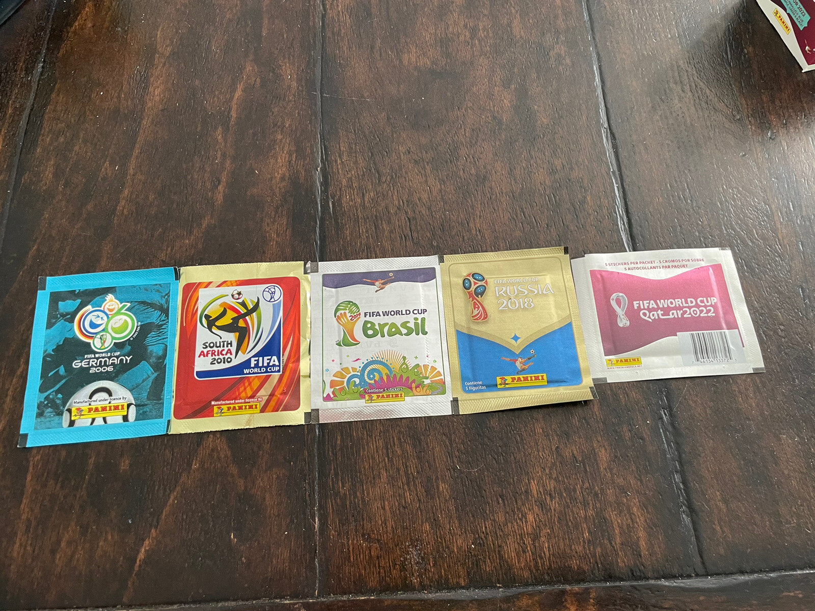 (5) Sealed Packs Panini World Cup Stickers 2006-2022 Messi WC Run Rookie-Champ