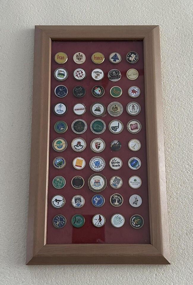 50 Framed golf pins – various courses – vintage pins – 33cm x 18cm – please read