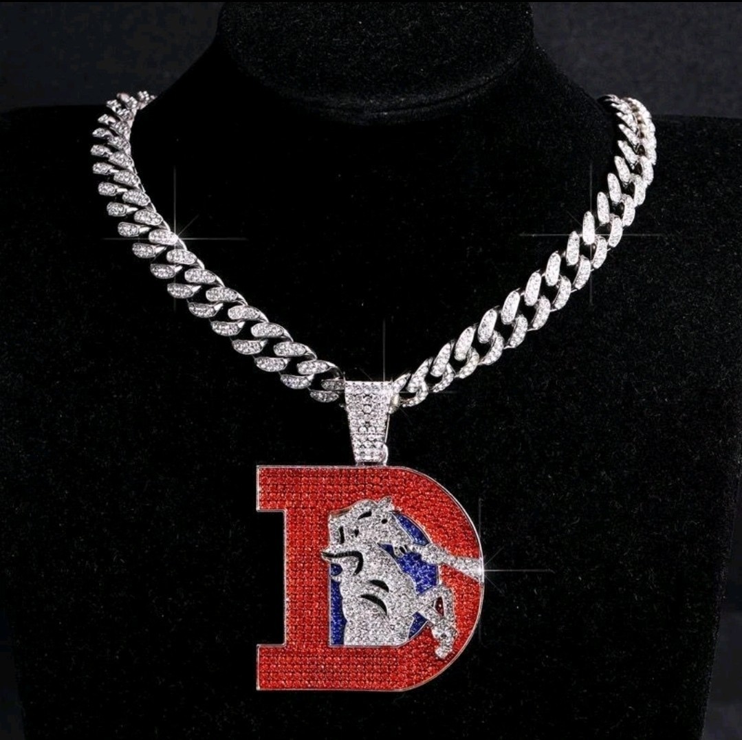 Throwback Classic Denver Broncos Silver Chain 24″ Iced Out Pendant Necklace