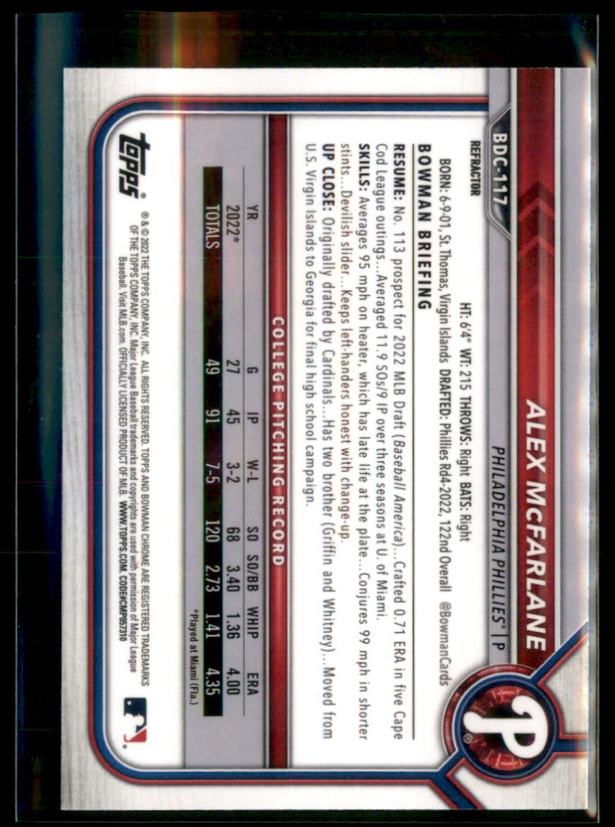 2022 Bowman Chrome Refractor Alex McFarlane Philadelphia Phillies BDC-117 1st B