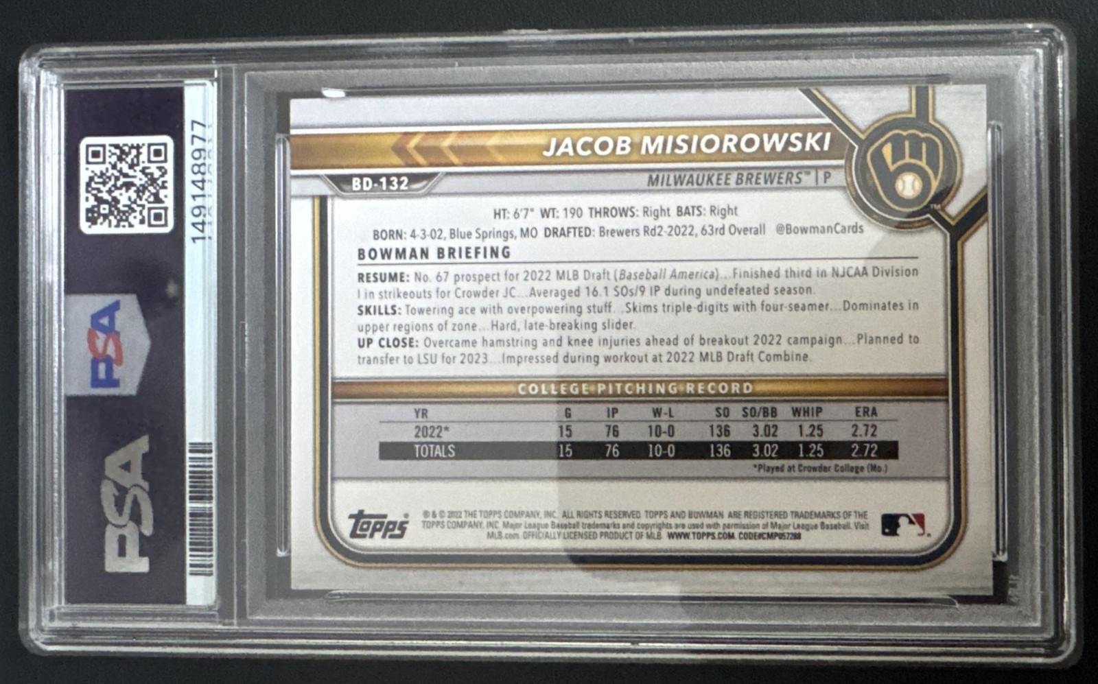 2022 Bowman Draft Jacob Misiorowski #BD-132 1st Prospect Brewers PSA 9
