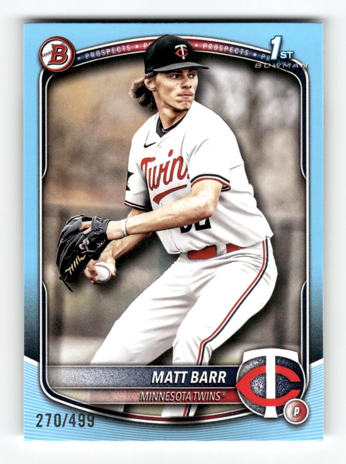 2025 Bowman Draft Sky Blue Border Matt Barr #BD-154 #/499 Minnesota Twins SN