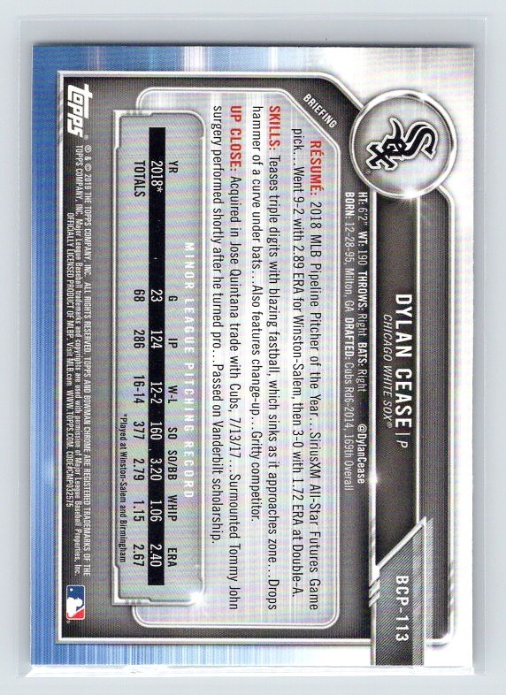2019 Bowman Chrome Prospects Dylan Cease #BCP-113 Chicago White Sox