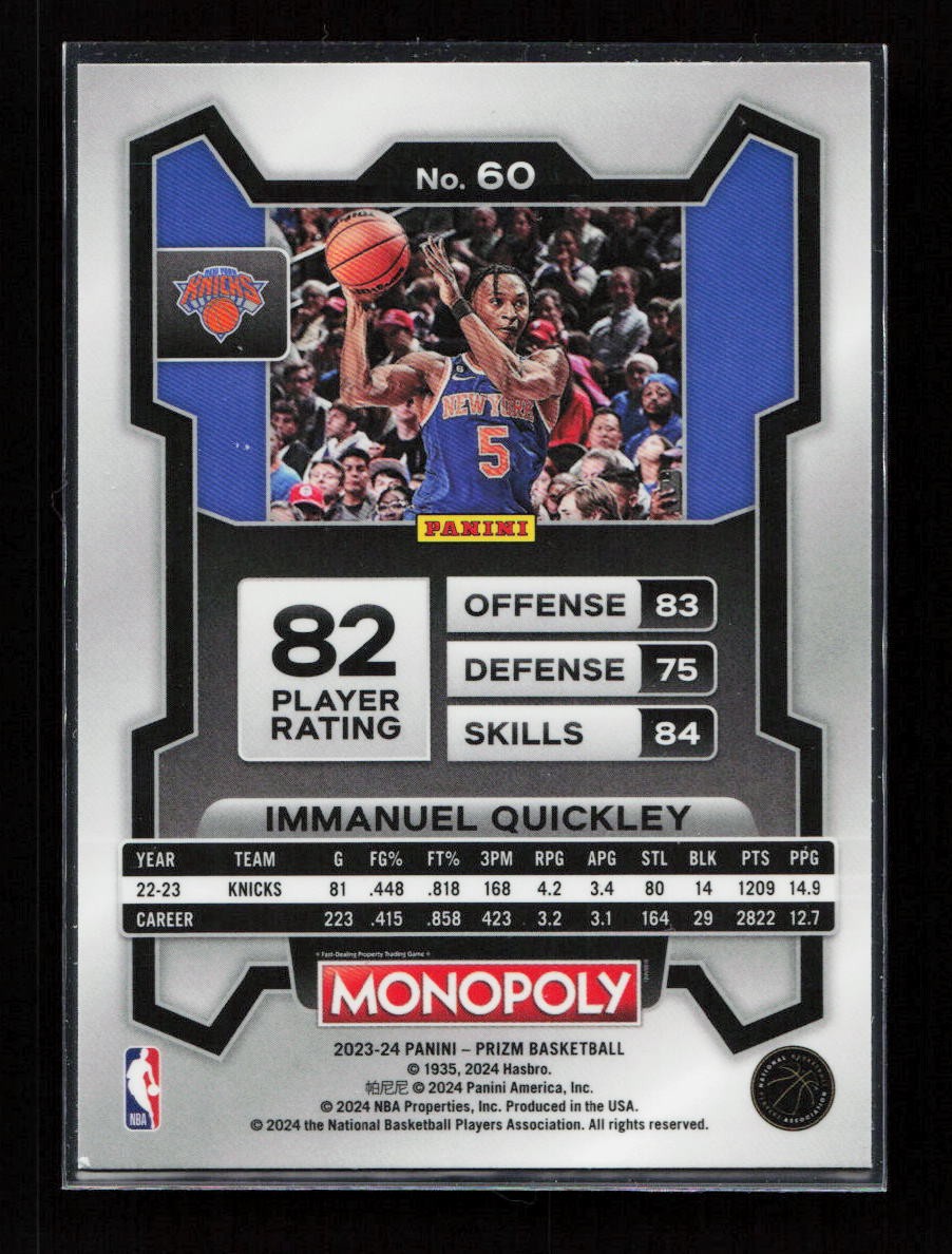 2023 Panini America, Inc. PRIZM BASKETBALL IMMANUEL QUICKLEY #60 KNICKS