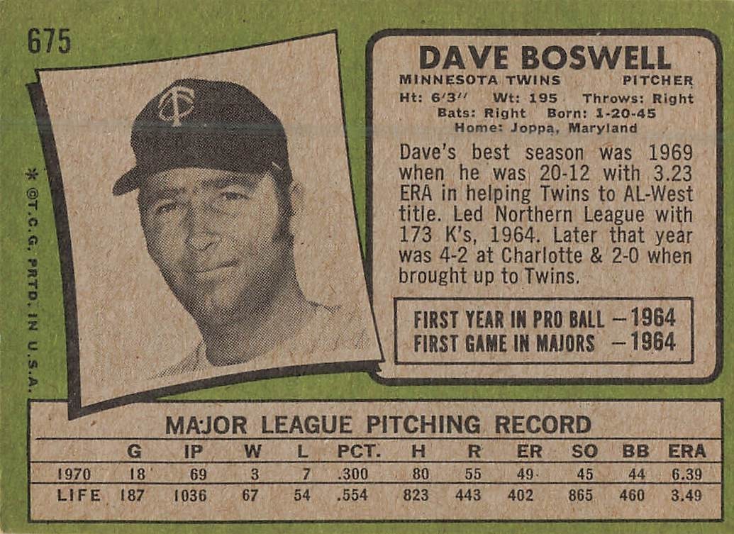 DAVE BOSWELL 1971 TOPPS BASEBALL HI #’S #675