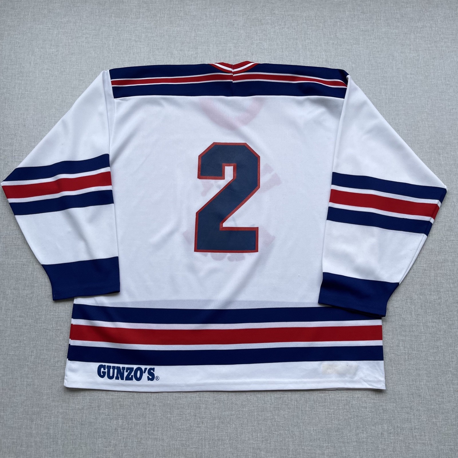 Vintage 1986 USA Europe Hockey Jersey Gunzo’s #2 White Red Blue Adult XL
