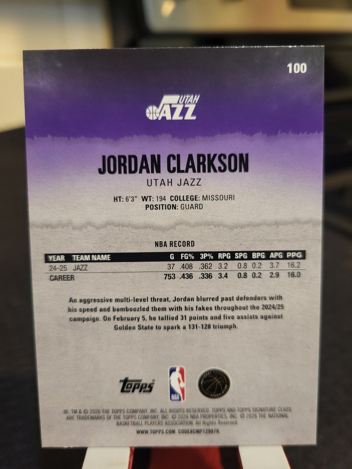 2025-26 Topps Signature Class – Jordan Clarkson #100 – Blue and Orange