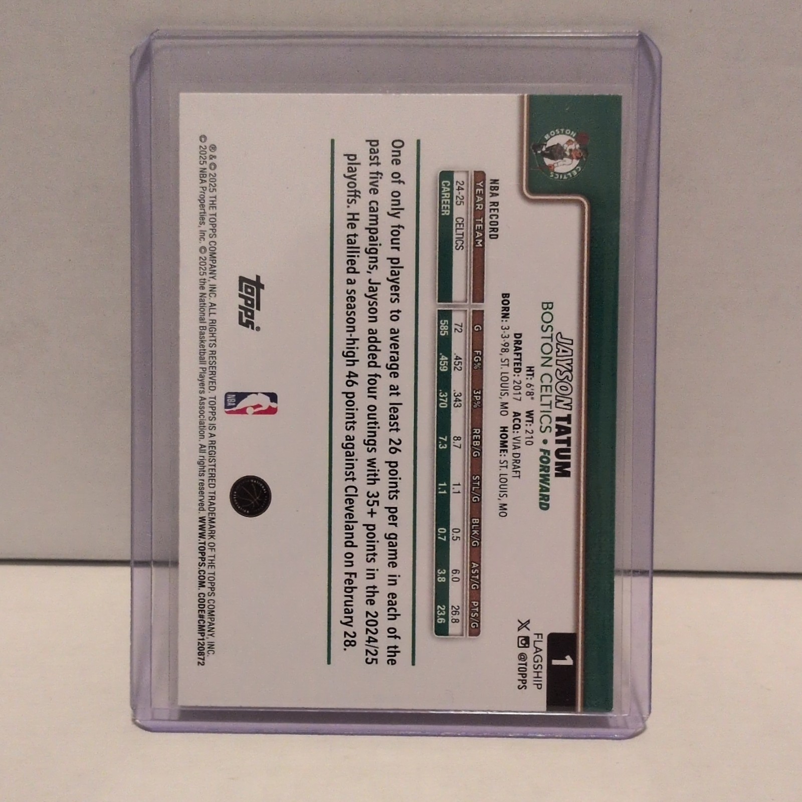 2025-26 Topps Gold Jayson Tatum #1 – /2025 Boston Celtics Basketball Card