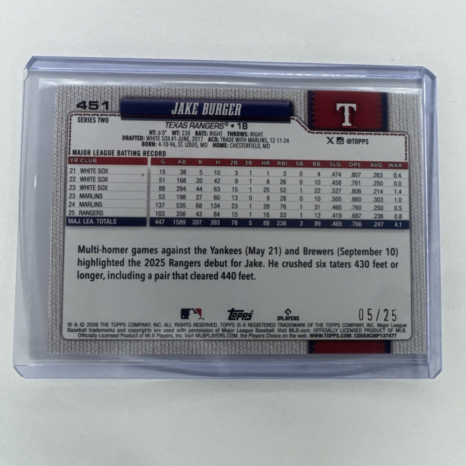 Topps 2026 Series 2 Jake Burger #451 Rangers Orange Foil /25