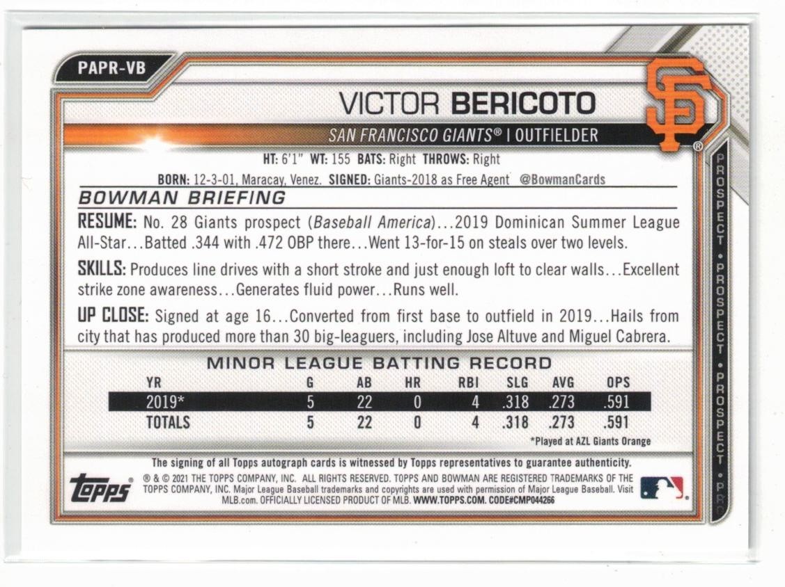 2021 Bowman Paper RC AUTO Victor Bericoto #PAPR-VB SF Giants! Rookie! Autograph!