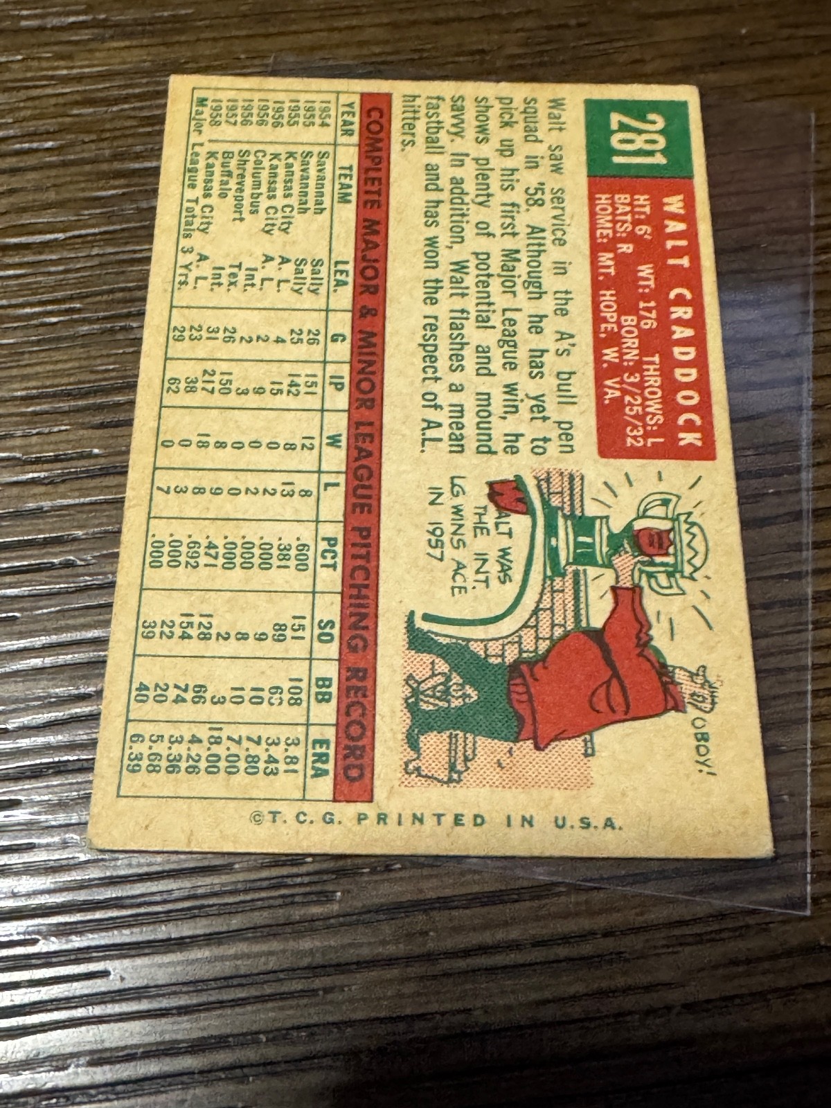 1959 Topps Walt Craddock Baseball Card #281 Athletics -NM – Free Shipping