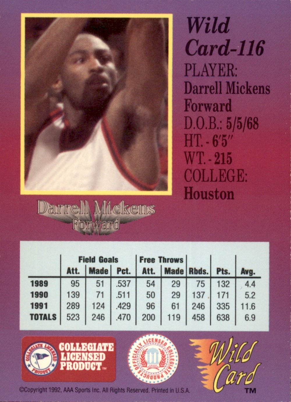 1991-92 Wild Card Darrell Mickens #116 AAA Sports 1st Edition