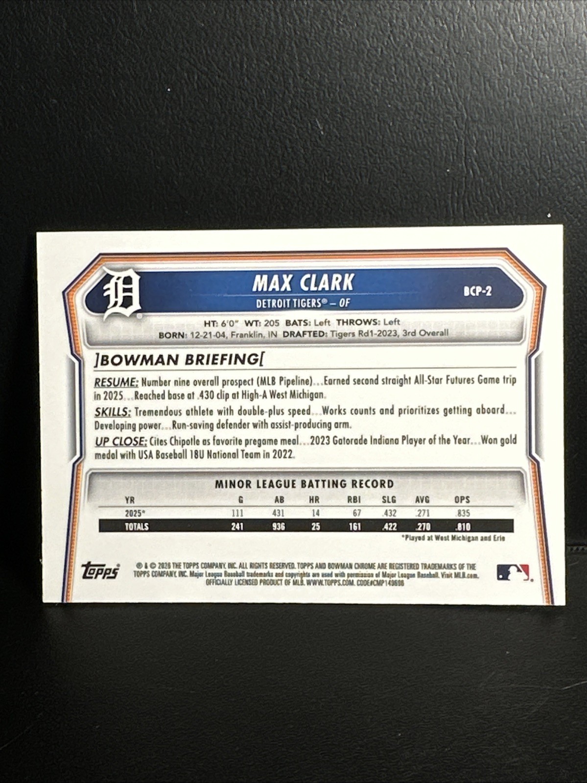 Max Clark – 2026 Bowman Chrome Mojo Refractor #BCP-2 Tigers