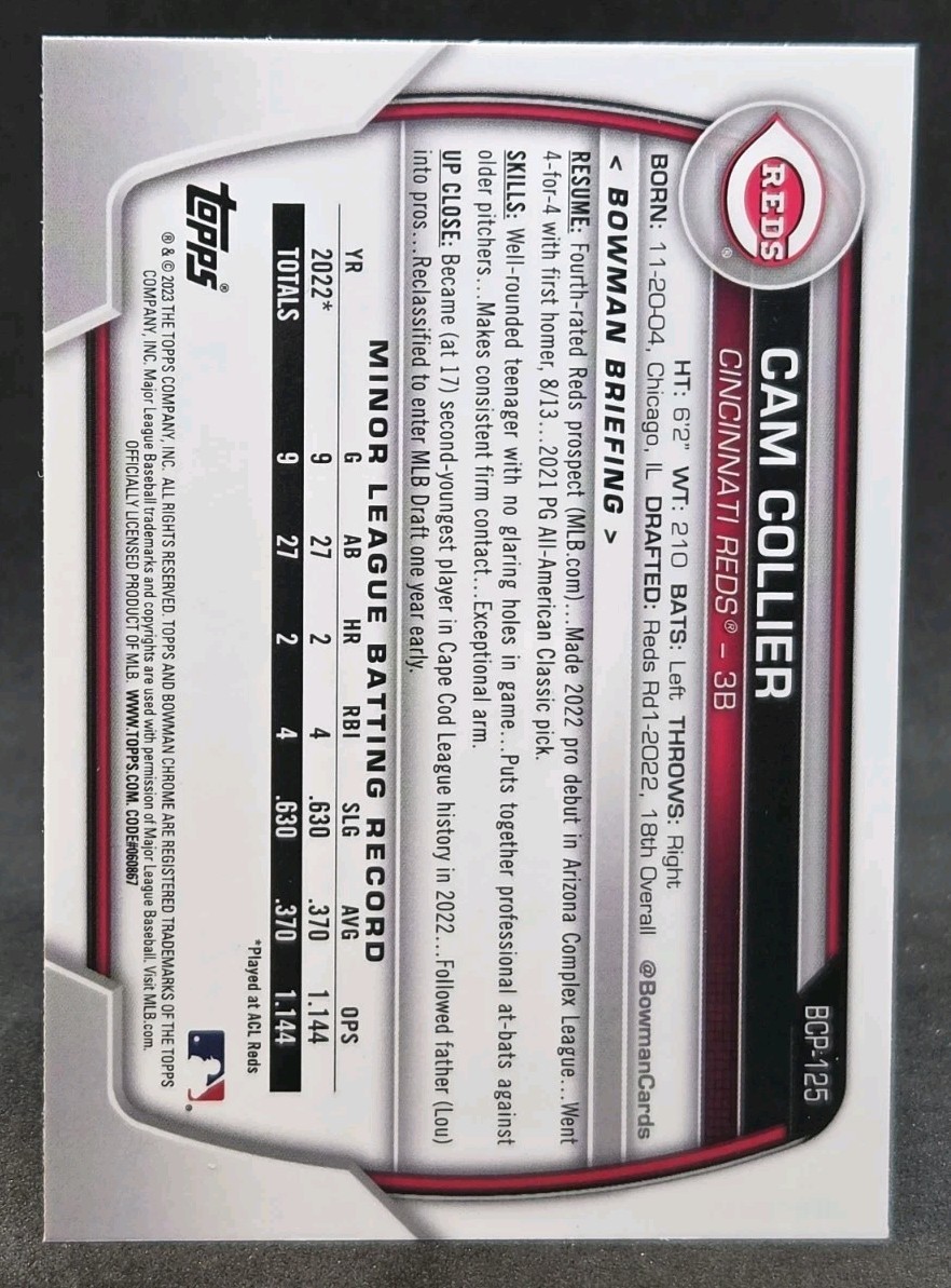 2023 Bowman Chrome Prospects Cam Collier #BCP-125 Mojo Refractor Cincinnati Reds