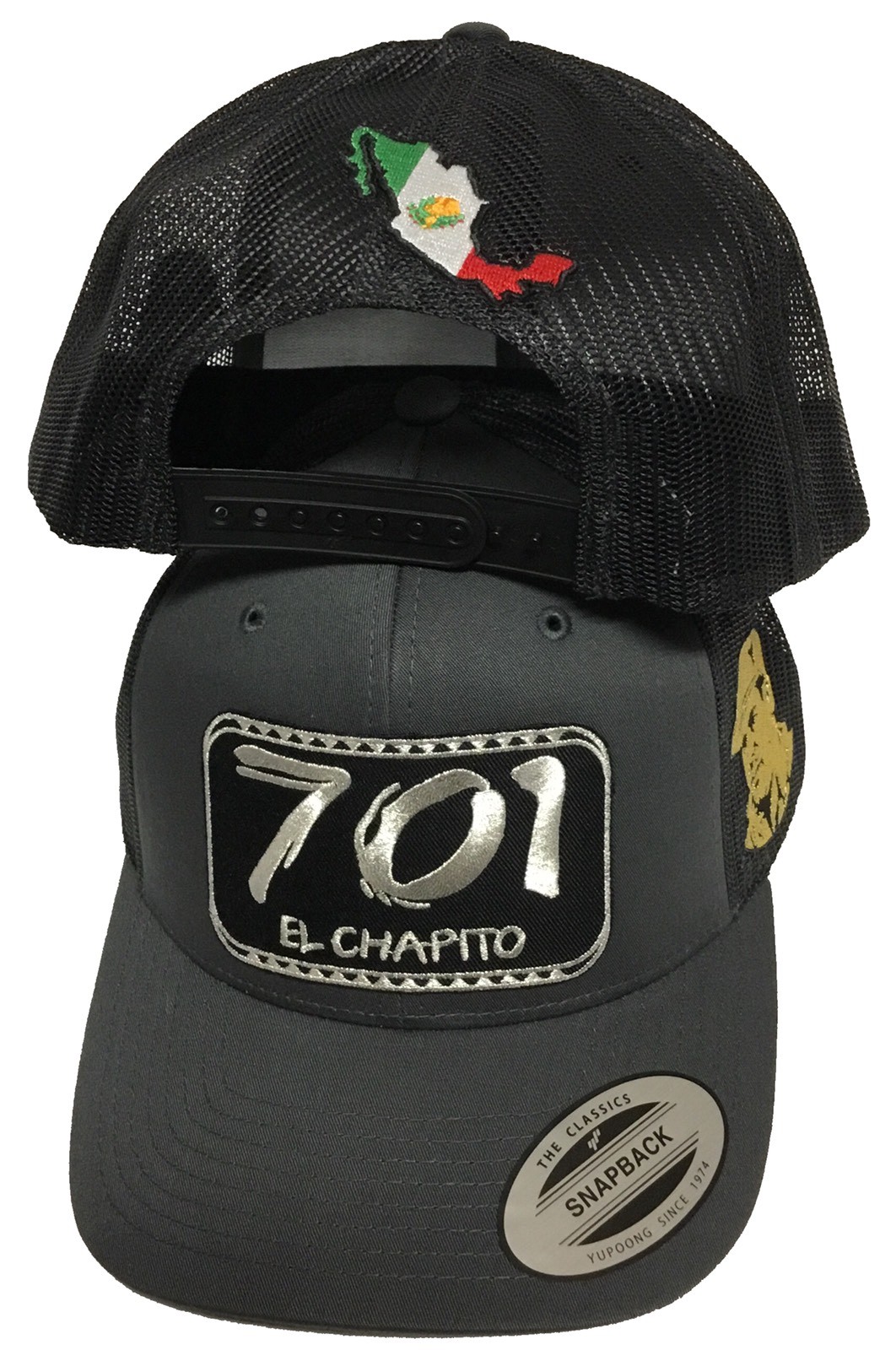 EL CHAPITO 701 CHAPO A LADO Y EL MAPA A TRAS 3 LOGOS HAT DARK BLACK MESH