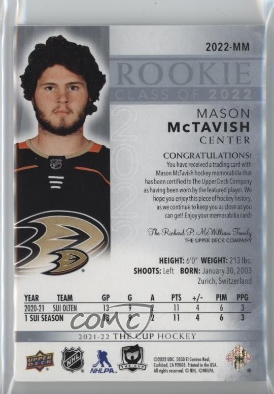 2021 Upper Deck The Cup Rookie Class of 2022 12/49 Mason McTavish Patch RC 1oh9