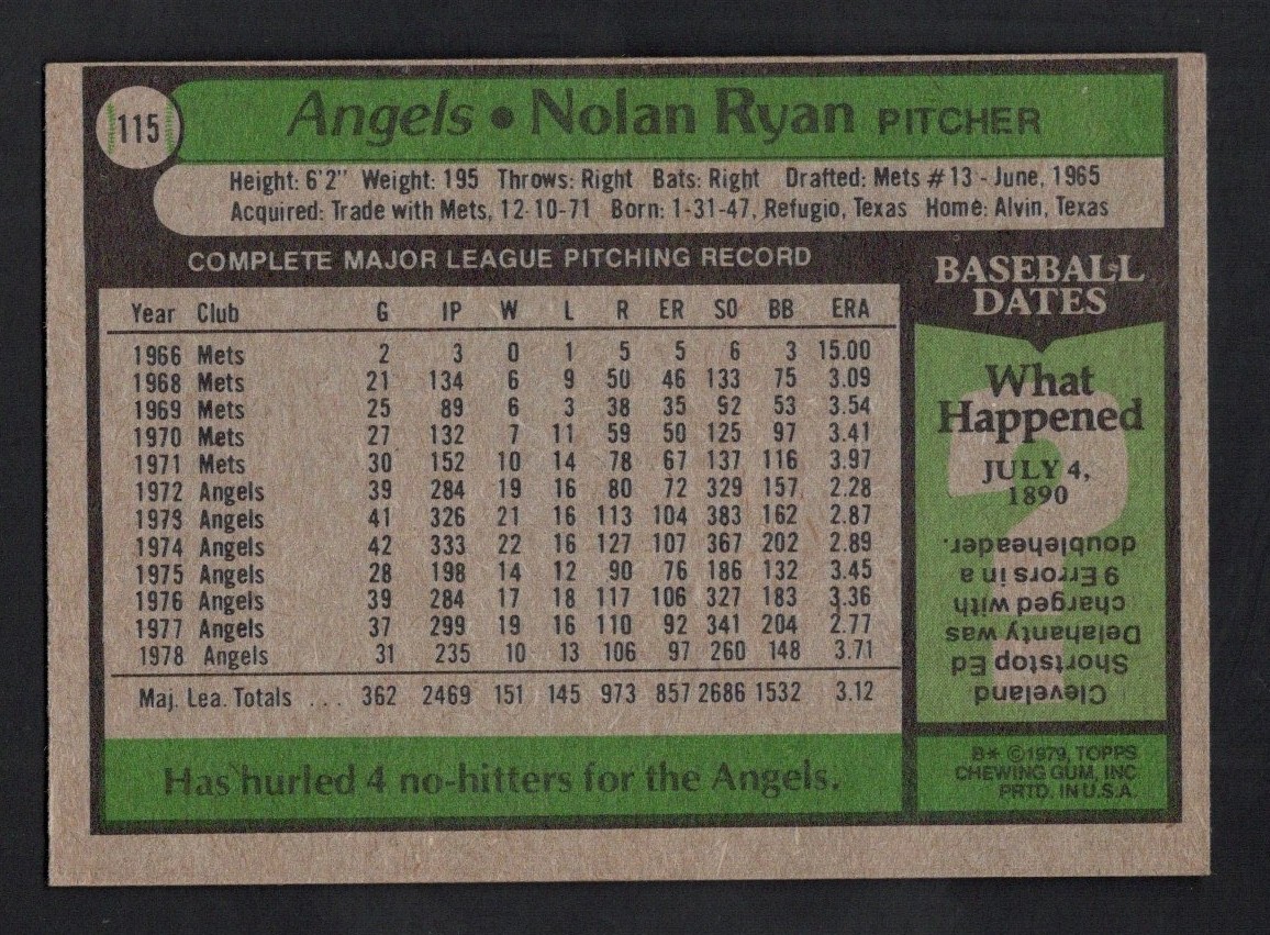 1979 Topps Baseball Card #115 Nolan Ryan HOF California Angels EX-MT