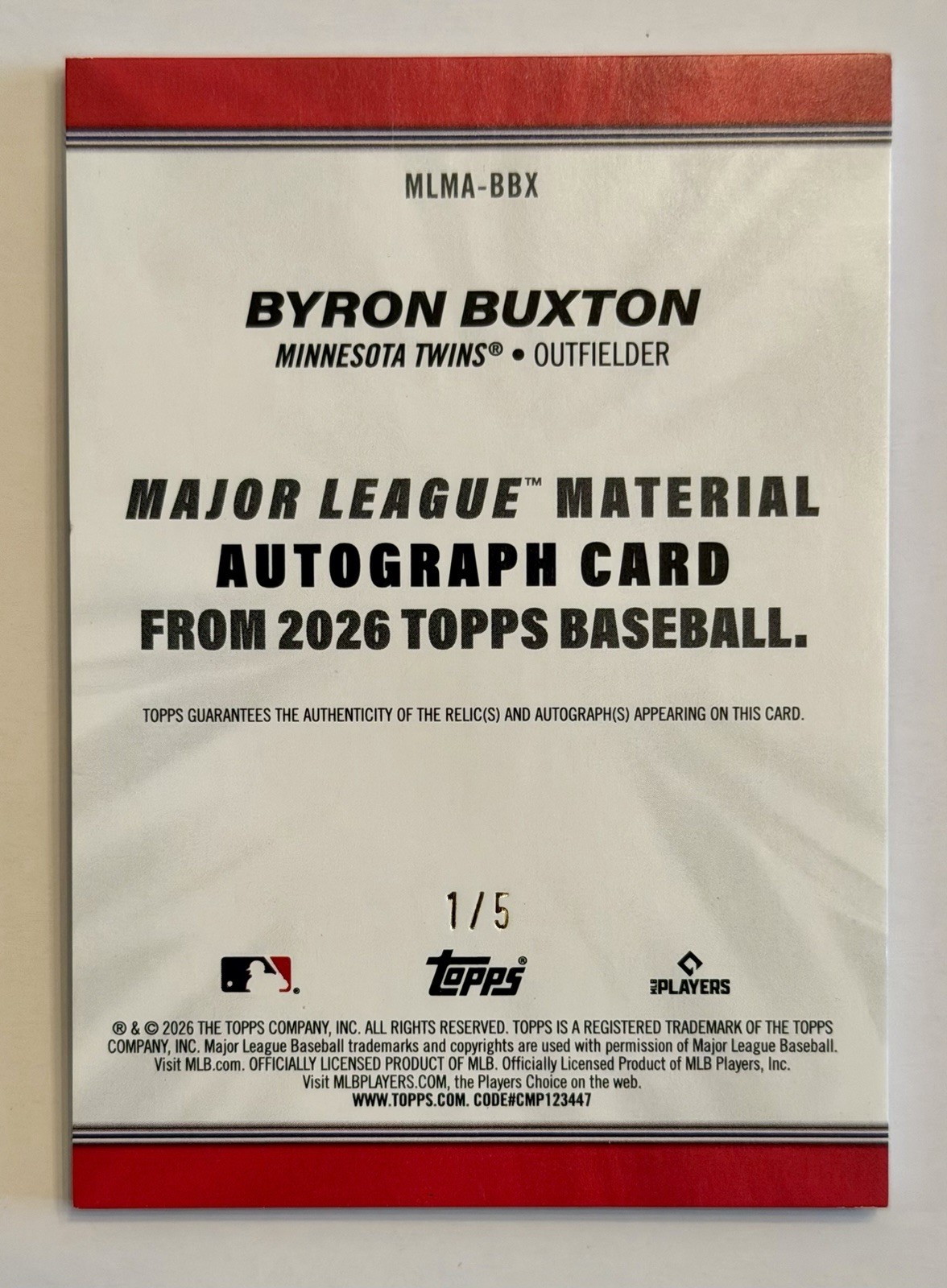 2026 Topps Series 1 Byron Buxton Major League Material Auto Red /5 #MLMA-BBX