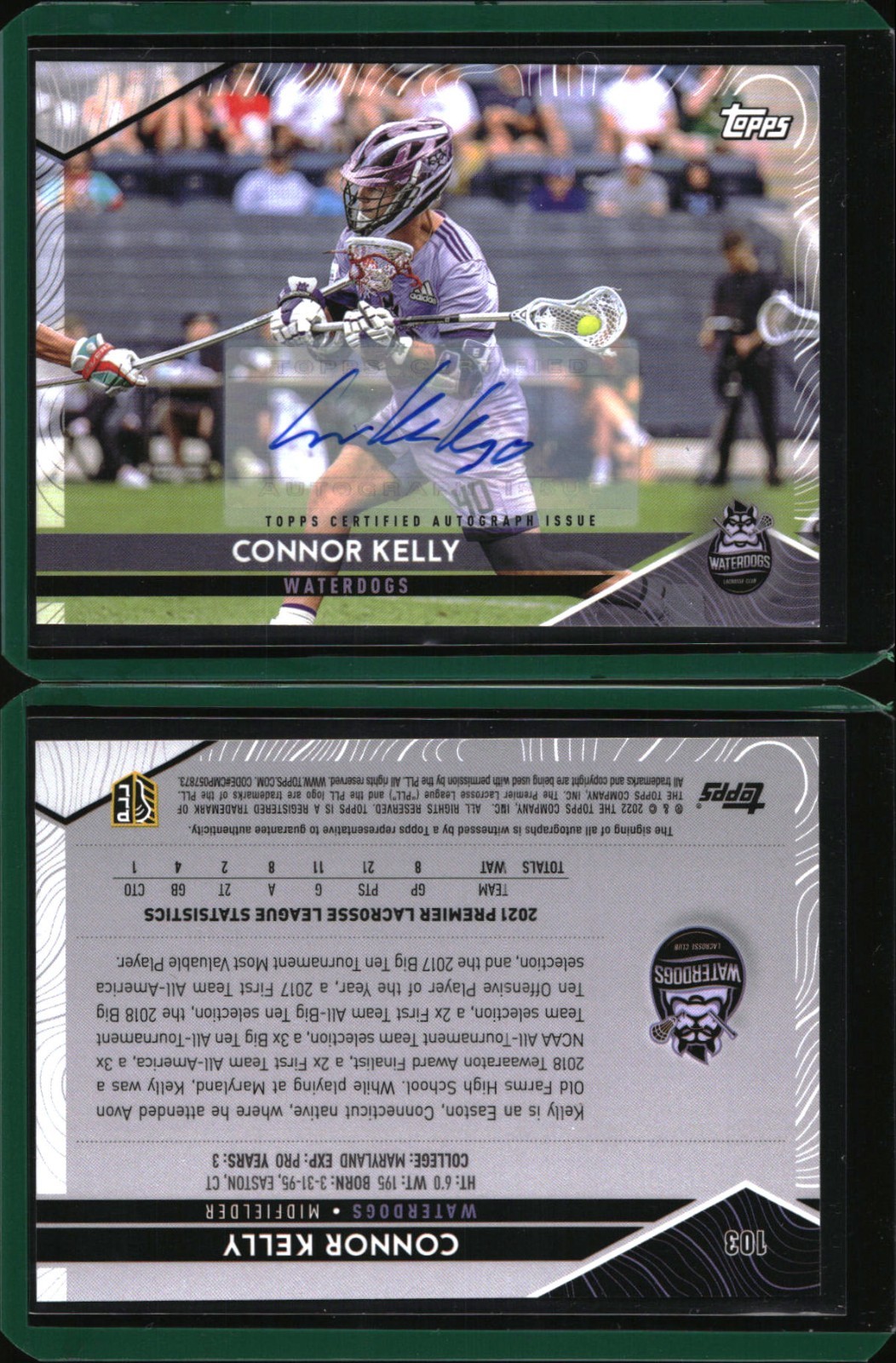 2022 Topps Premier Lacrosse Autograph Auto #103 Connor Kelly – Waterdogs