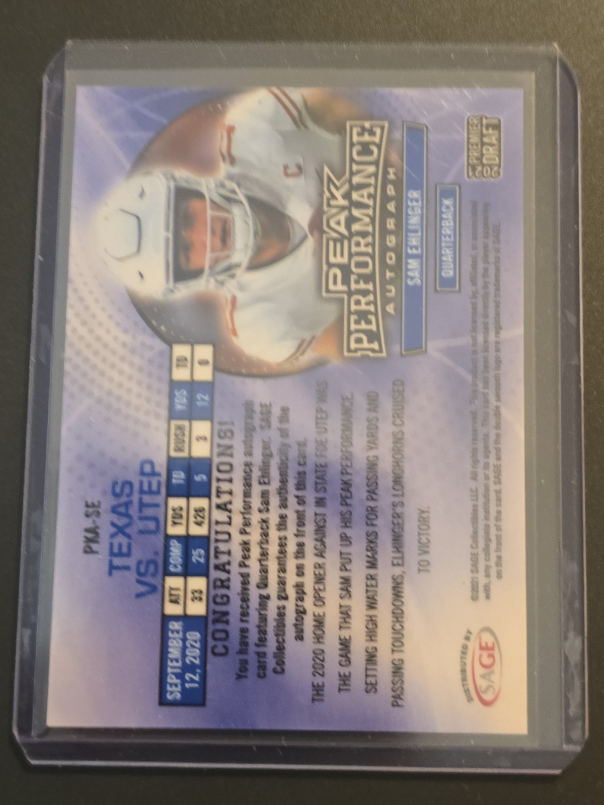 2021 Sam Ehlinger /5 RC Sage Hit Peak Performance