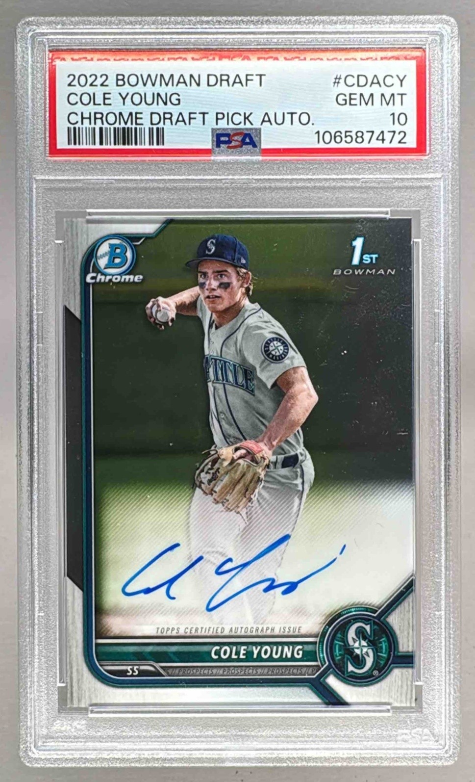 Cole Young 2022 Bowman Chrome Draft #CDA-CY Pick Auto 1st RC PSA 10