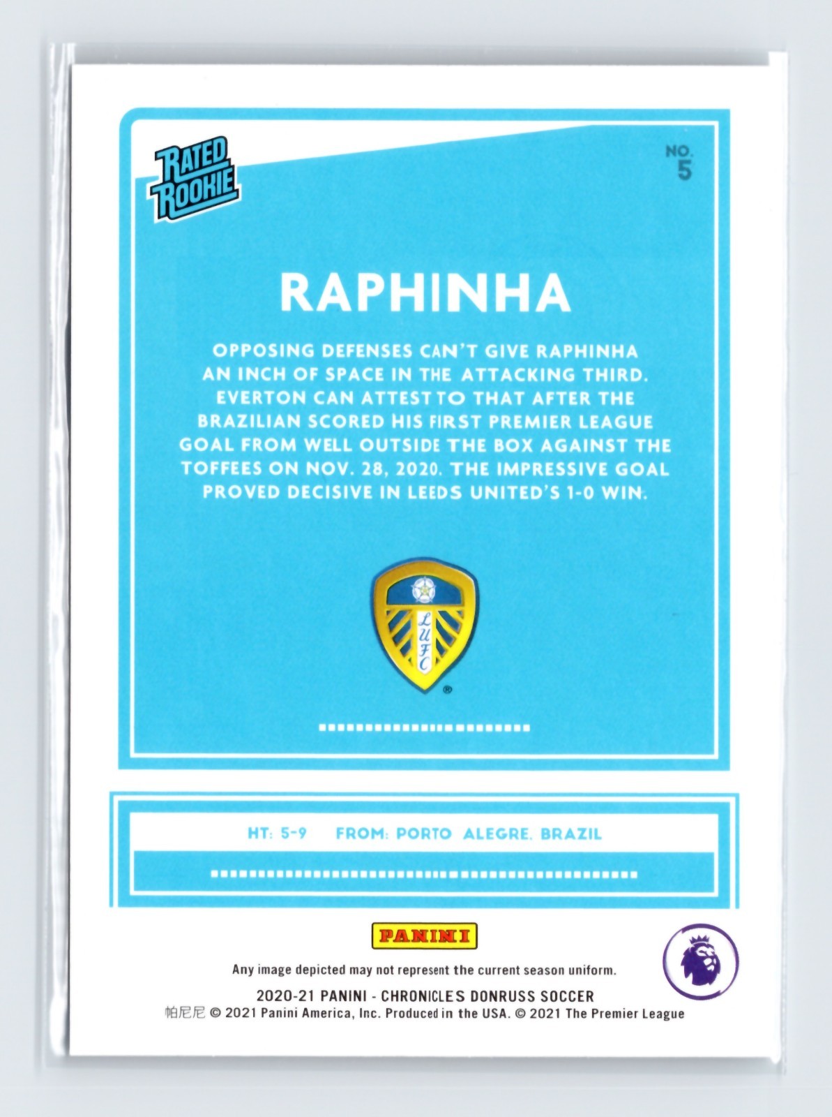 2020-21 Panini Chronicles Donruss Soccer Raphinha #5 Rated Rookie Leeds United