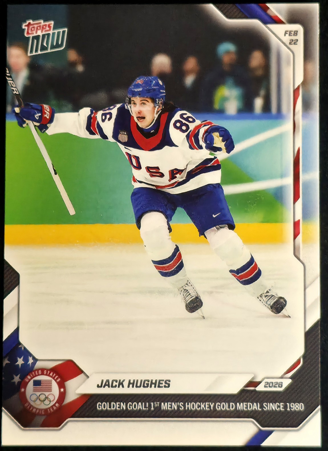 2026 Topps NOW Jack Hughes Team USA Olympic Gold Hockey Card #18 Golden Goal