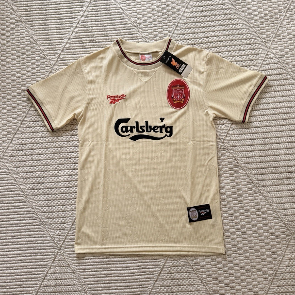 Reebok Liverpool FC Soccer Jersey Carlsberg Beige Short Sleeve Men’s Size M